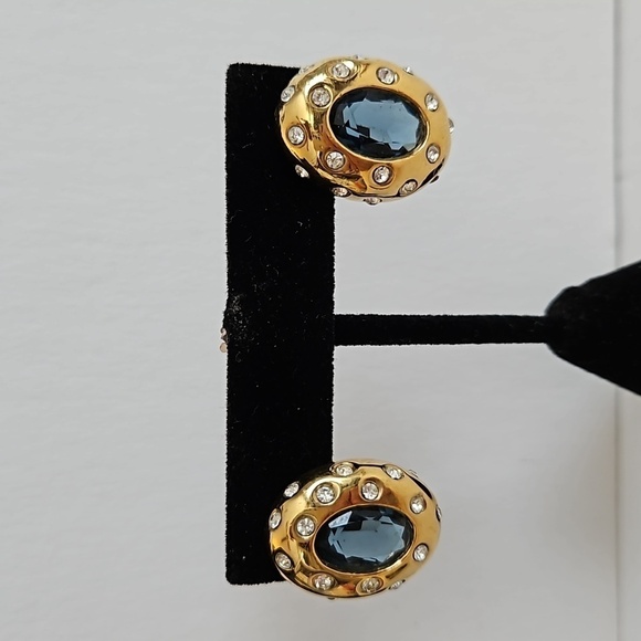 GOLDTONE Blue & Clear Rhinestones Pierced Earrings - Picture 1 of 6
